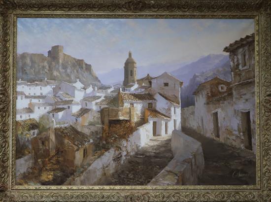 Manuel Cuberos (Spanish b. 1933), oil on canvas, View of Spanish village 62 x 90cm